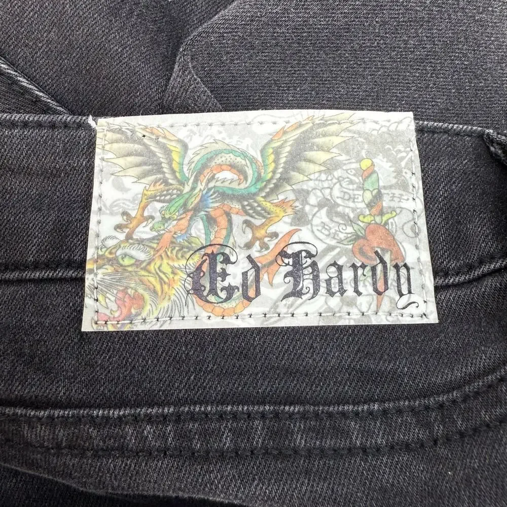 Ed Hardy Jeans Women's 32 (14) Black Embroidered Tiger Slim Flare Y2K Streetwear - Picture 5 of 16